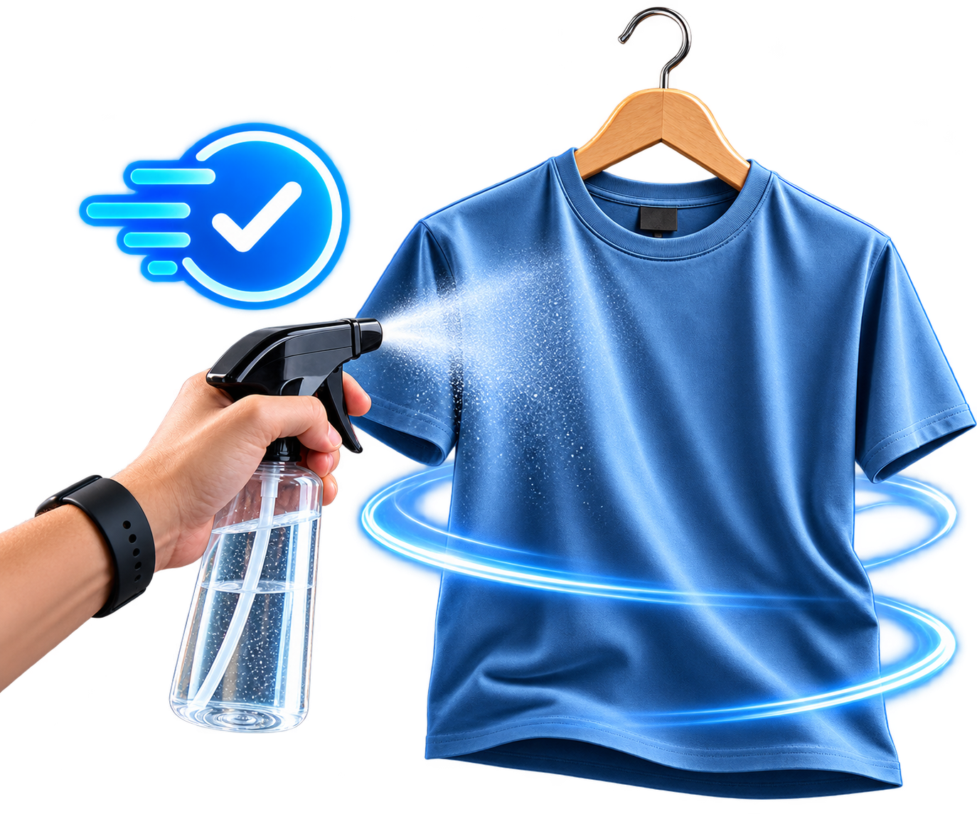 Camiseta azul recebendo o spray LAVIE