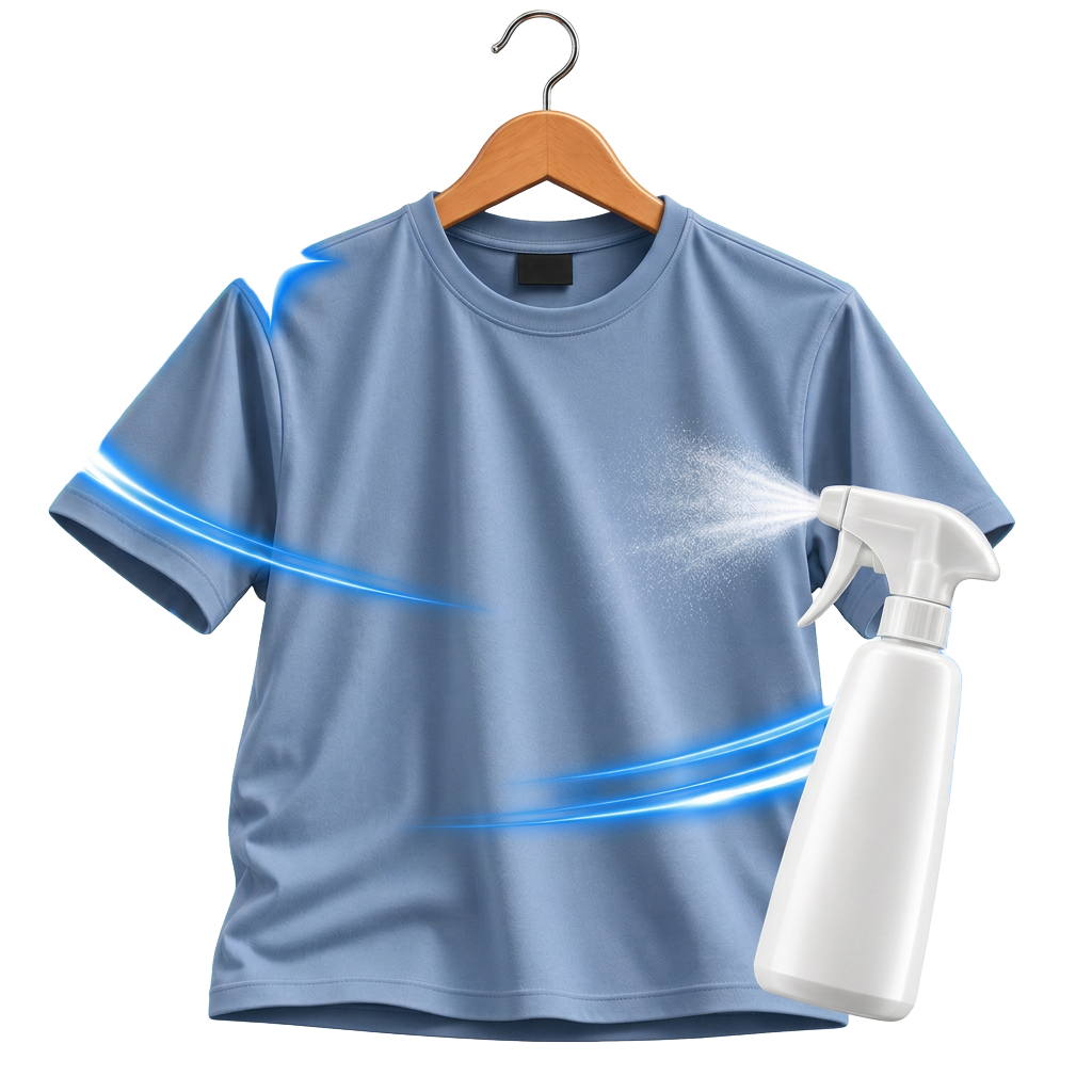 Camiseta azul recebendo o spray LAVIE