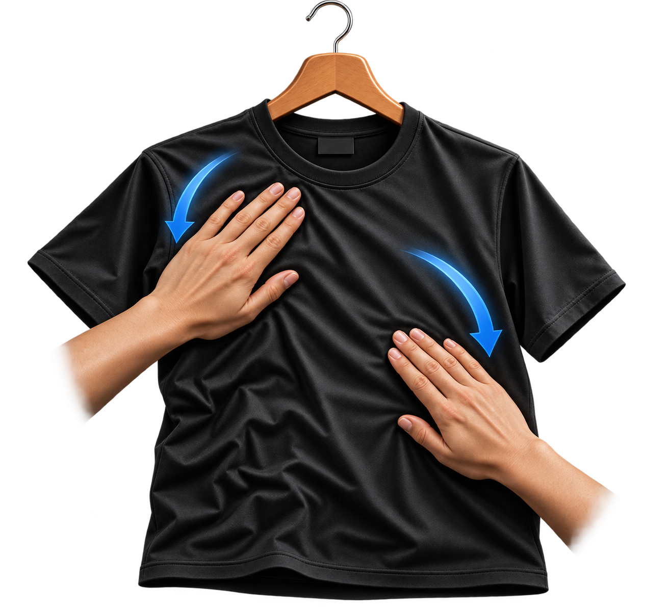 Mãos alisando o tecido da camiseta