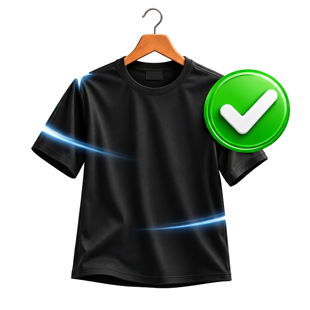 Camiseta lisa no cabide com selo de aprovado