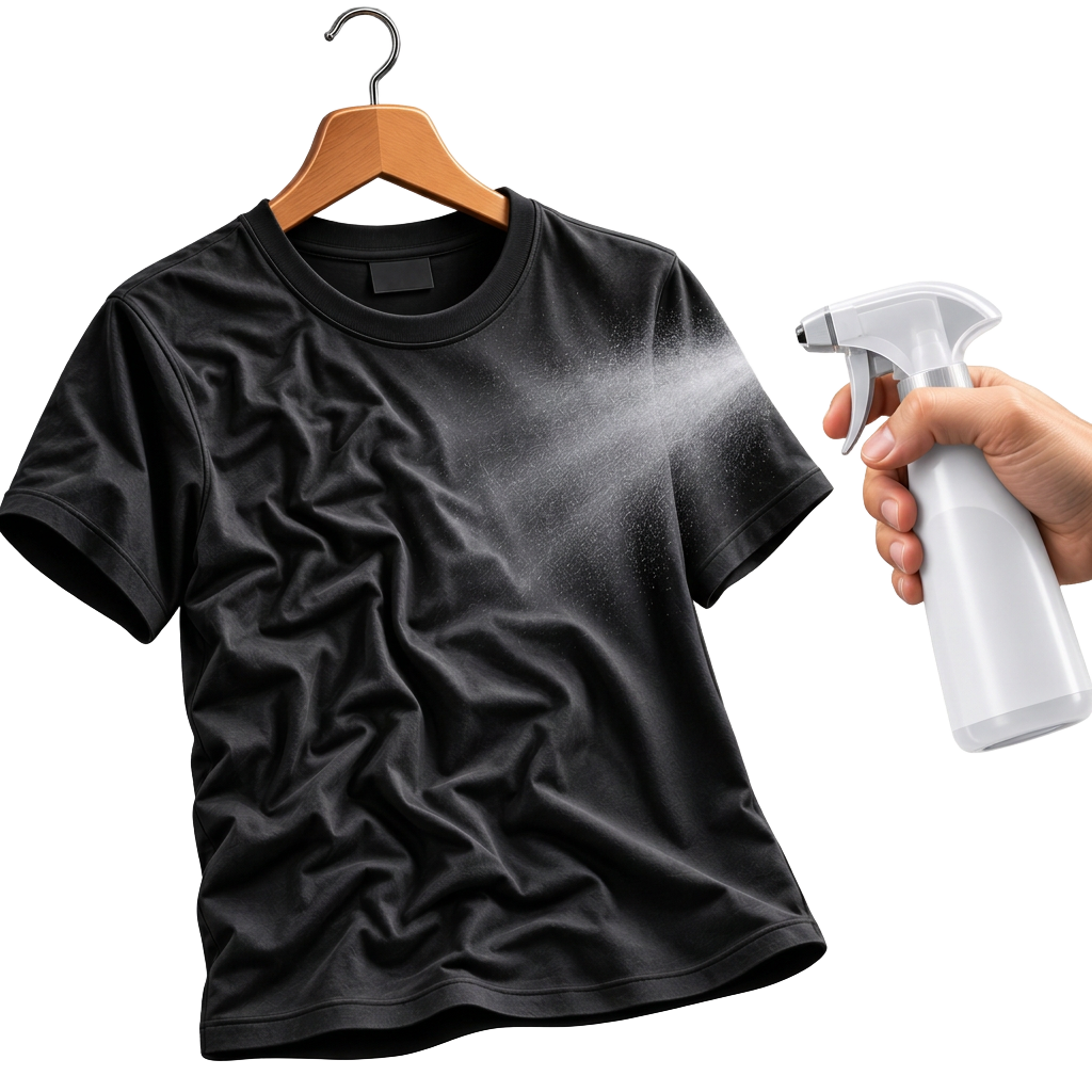 Borrifador aplicando o produto na camiseta amassada