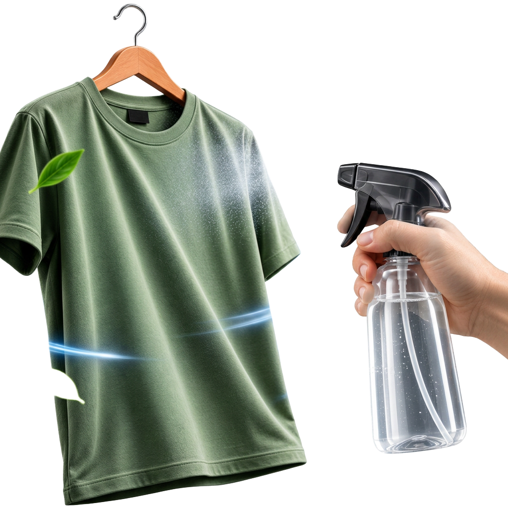 Borrifador aplicando o produto em uma camiseta no cabide